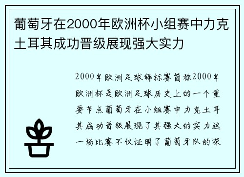 葡萄牙在2000年欧洲杯小组赛中力克土耳其成功晋级展现强大实力