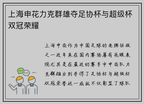 上海申花力克群雄夺足协杯与超级杯双冠荣耀 上海申花力克群雄夺足协杯与超级杯双冠荣耀