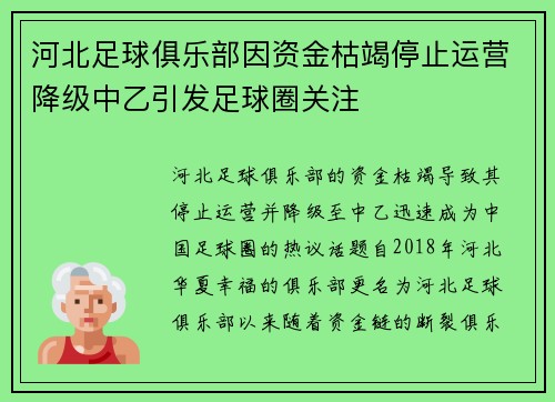 河北足球俱乐部因资金枯竭停止运营降级中乙引发足球圈关注